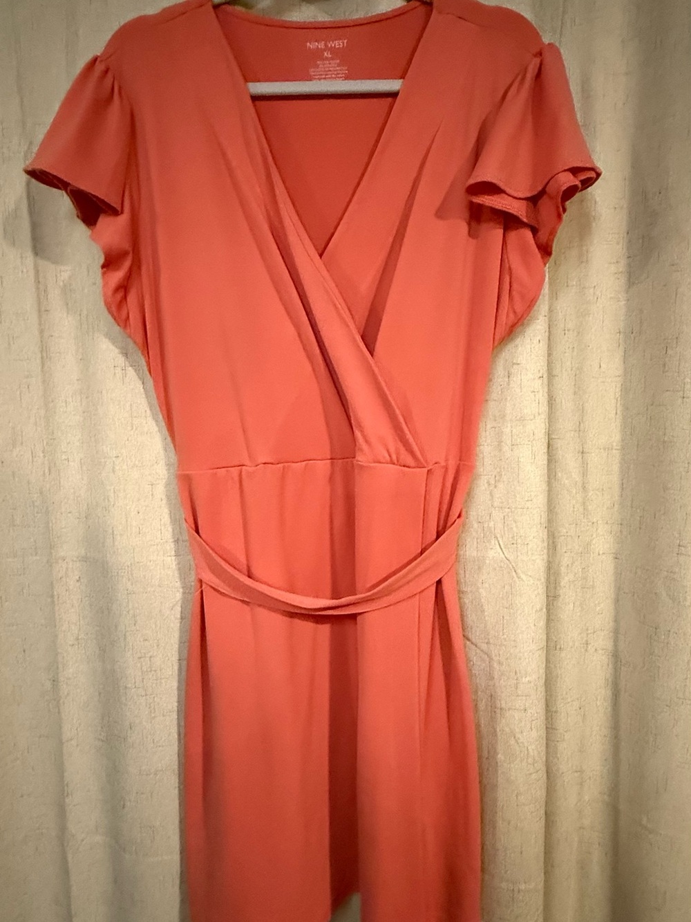 Nine West Coral-Orange Wrap Dress with Flutter Sleeves